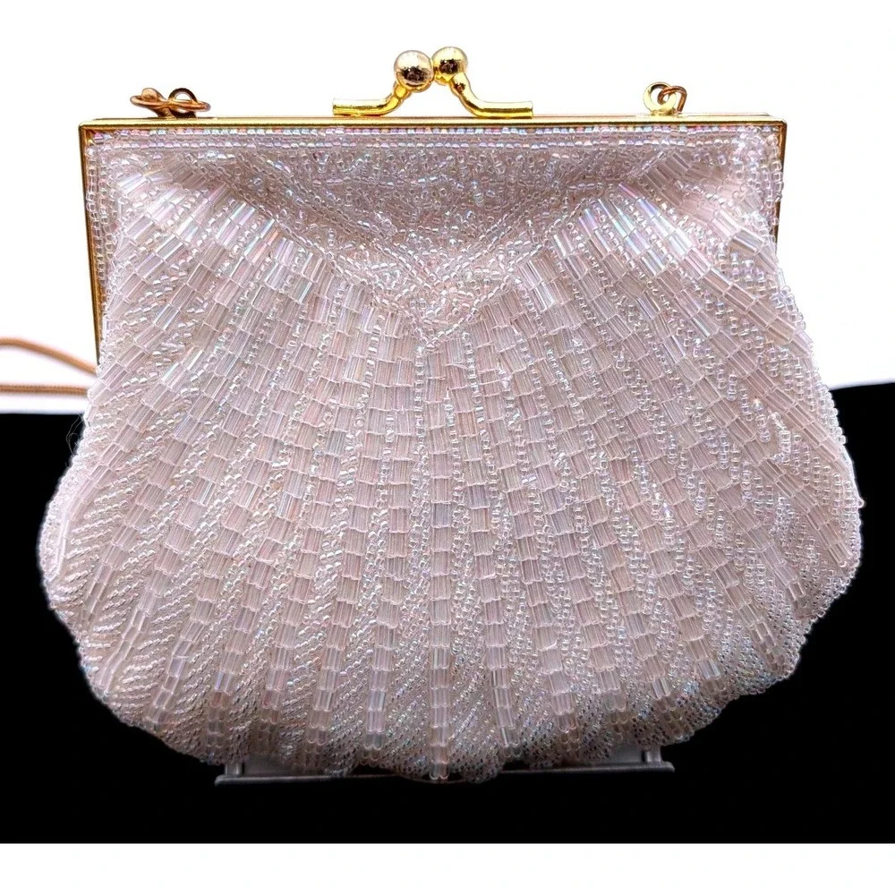 Carla Marchi Beaded Shell Clutch Bag Iridescent White Gold Tone Vintage Style